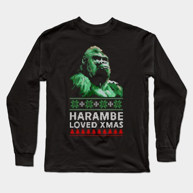 Harambe Loved Xmas -- Retro Ugly Sweater Long Sleeve T-Shirt by DankFutura